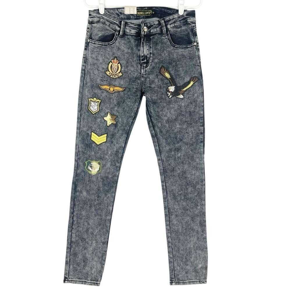 Rebel Love Women's Patch‎ Dark Wash Navy Skinny Stretch Jeans Size 15/16 NWT